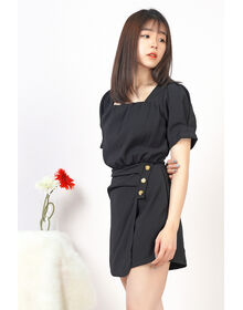 Square Neck Triple Button Pleated Front Layer Playsuit (Black)
